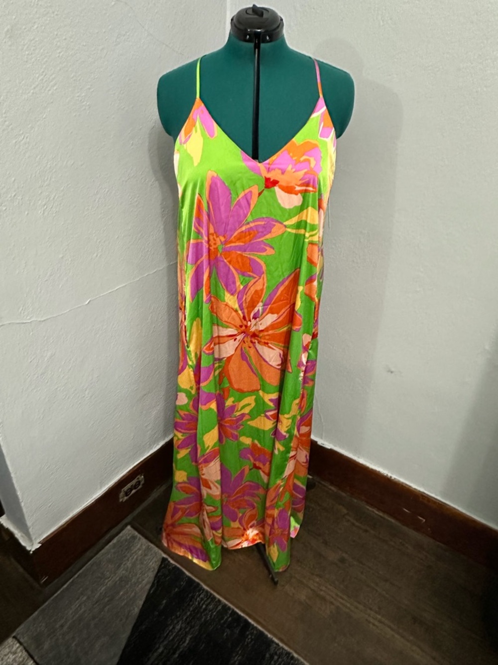 Tropical Floral Slip Dress in Lime Green and Pink